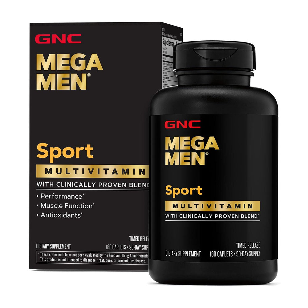 Front label of Mega Men Sport Multivitamin Caplets bottle