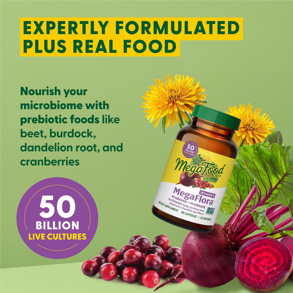 Graphic highlighting prebiotics like beet, burdock root, and dandelion root