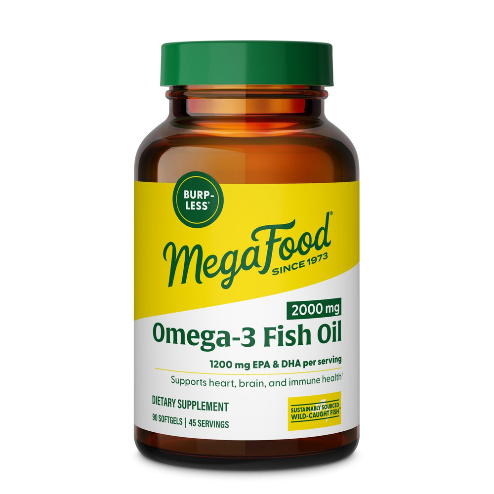 Bottle of MegaFood 2000mg Fish Oil Omega-3 burp-less lemon-infused