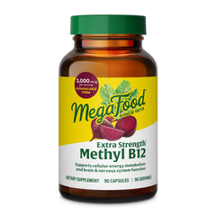 MegaFood Extra Strength Methyl B12 bottle label showing 3000mcg per serving