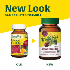 Side view of MegaFood Blood Builder bottle and capsules