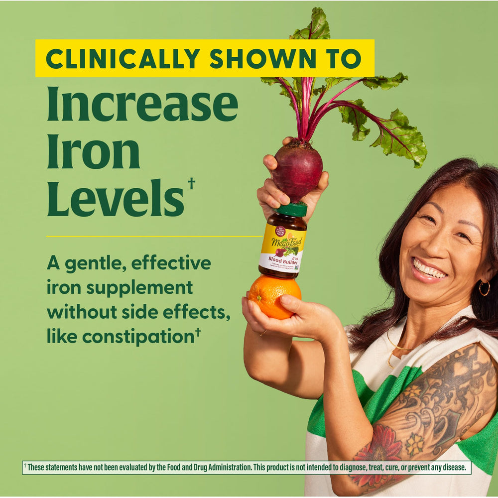 Ingredients list showing iron, vitamin C, B12 and folic acid