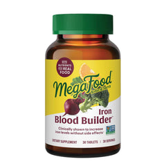 MegaFood Blood Builder tablet front view, gentle iron option for daily energy support.
