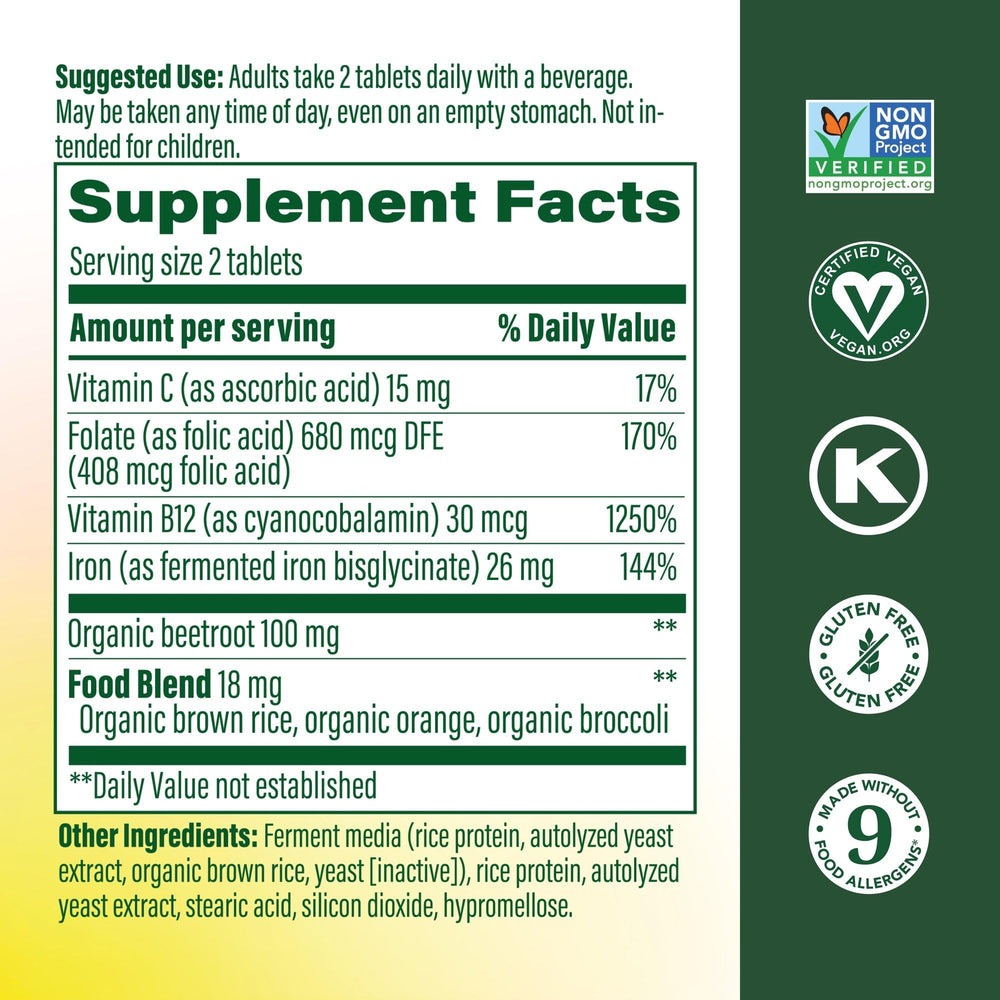 MegaFood Blood Builder tablets closeup highlighting 26 mg iron per serving.