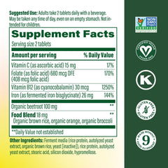 MegaFood Blood Builder tablets closeup highlighting 26 mg iron per serving.