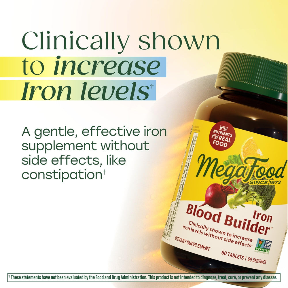 MegaFood Blood Builder vegan label indicating plant-based iron.