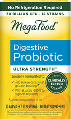 Bottle of MegaFood Digestive Probiotic showing 12 strains and 30 capsules