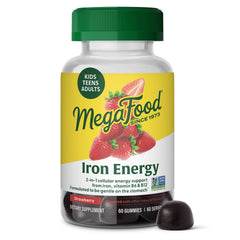MegaFood Iron Energy Gummies bottle with strawberry flavor