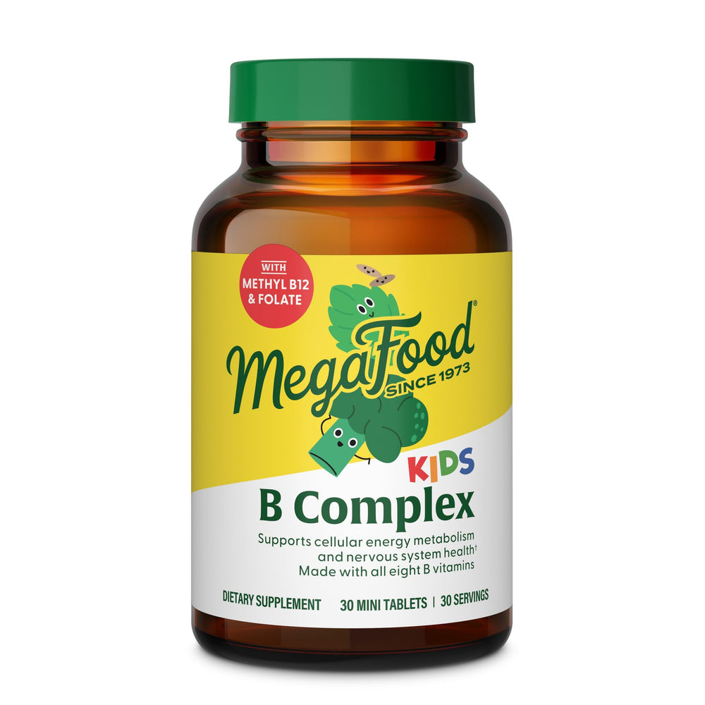 Bottle of MegaFood Kids B Complex with 30 mini tablets