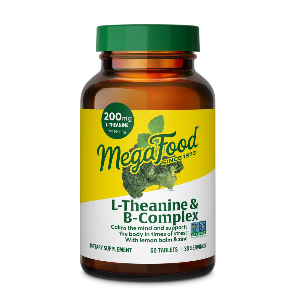 Front view of MegaFood L-Theanine & B Complex bottle with 60 tablets