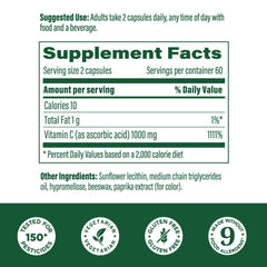 Back label view of MegaFood Liposomal Vitamin C bottle showing ingredients and nutrition