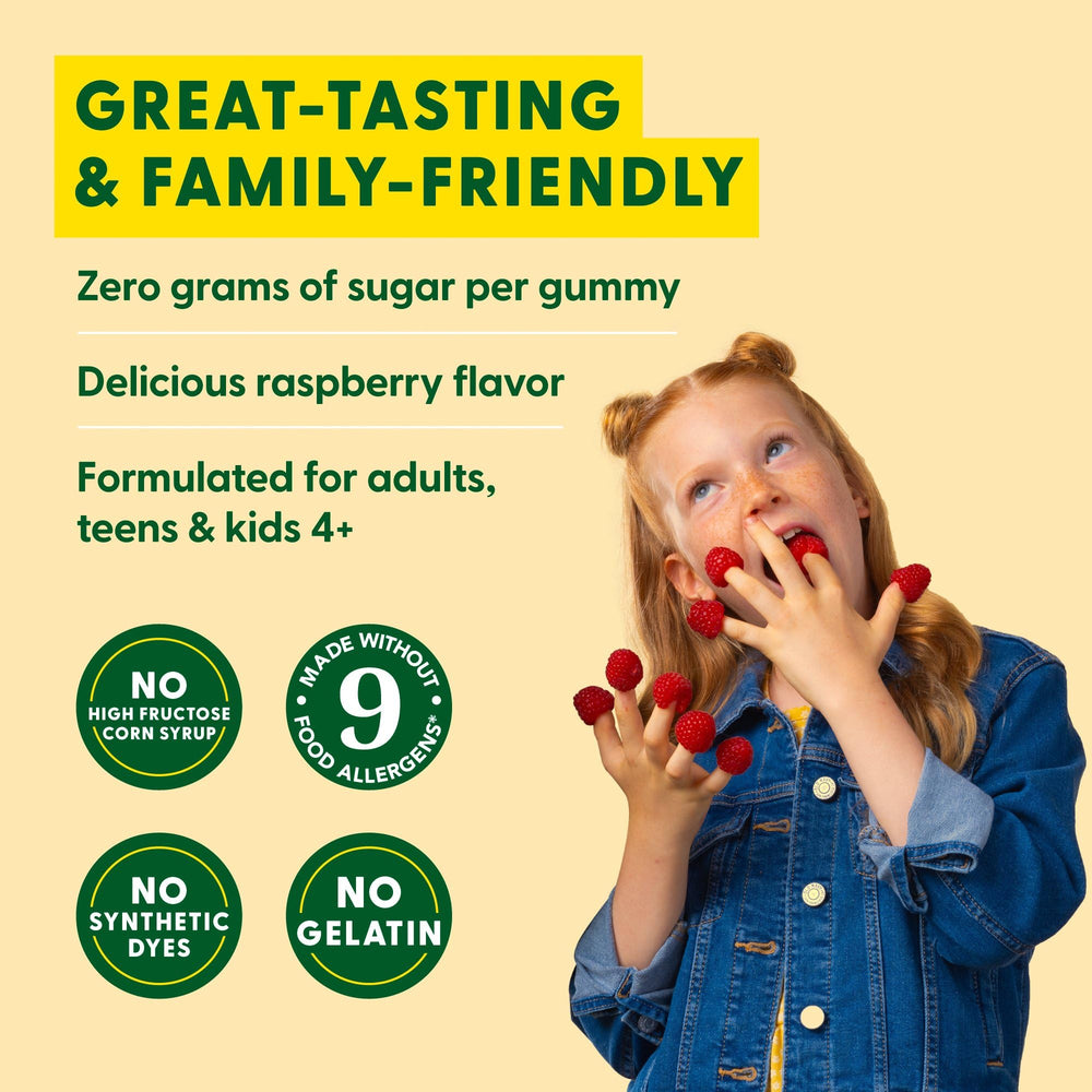 Usage guide showing daily dosage for kids 4+ and adults