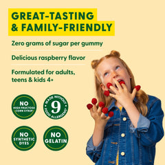 Usage guide showing daily dosage for kids 4+ and adults