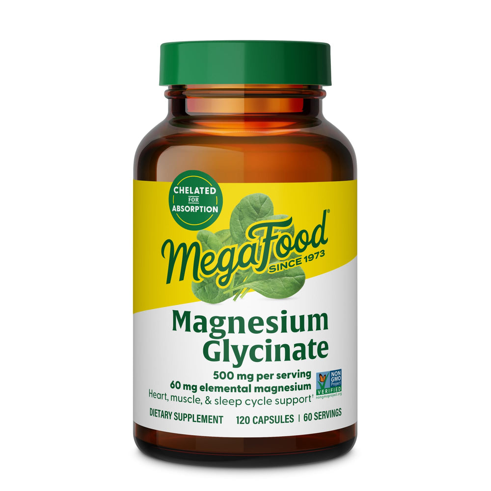 MegaFood Magnesium Glycinate 500mg bottle with 120 capsules, 60 servings
