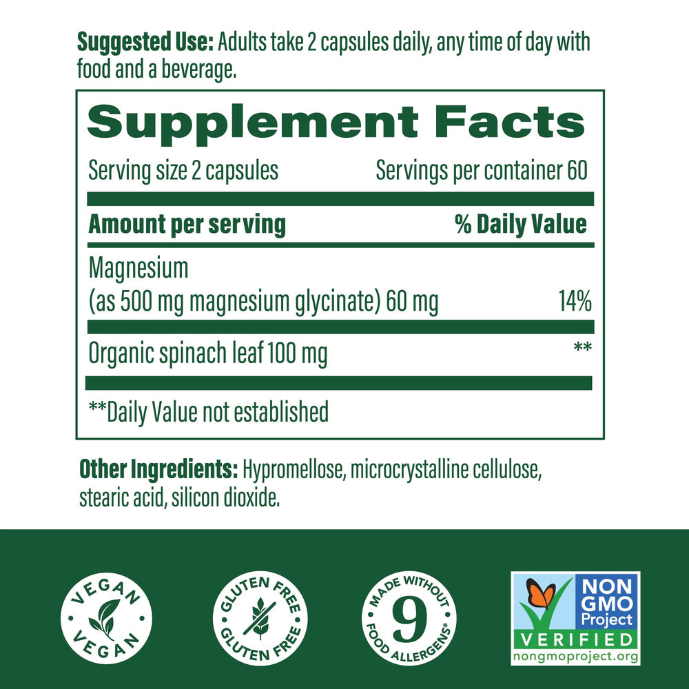Close-up view of MegaFood Magnesium Glycinate 500mg bottle label