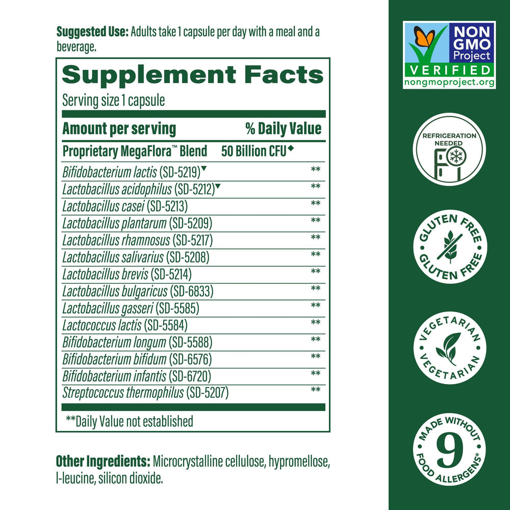 Graphic highlighting 14 probiotic strains in MegaFood MegaFlora Probiotic Plus
