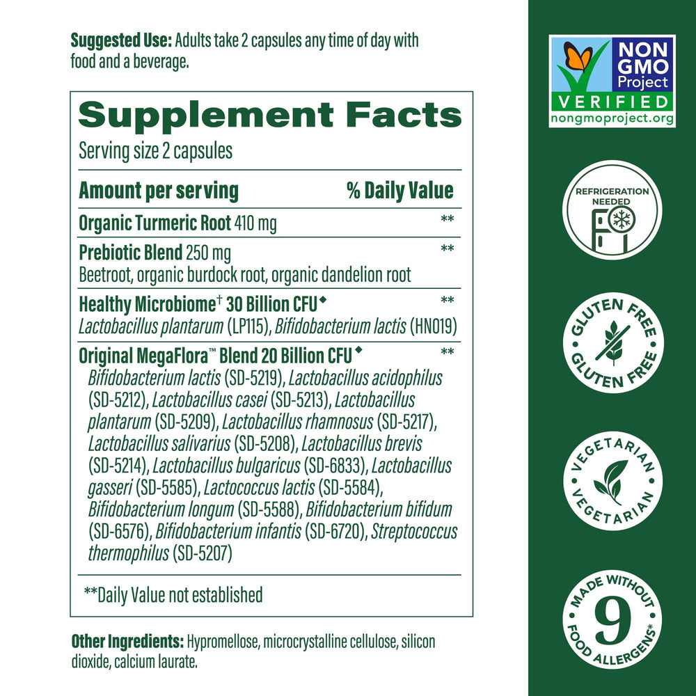 Turmeric root and probiotic ingredients representing MegaFlora formula