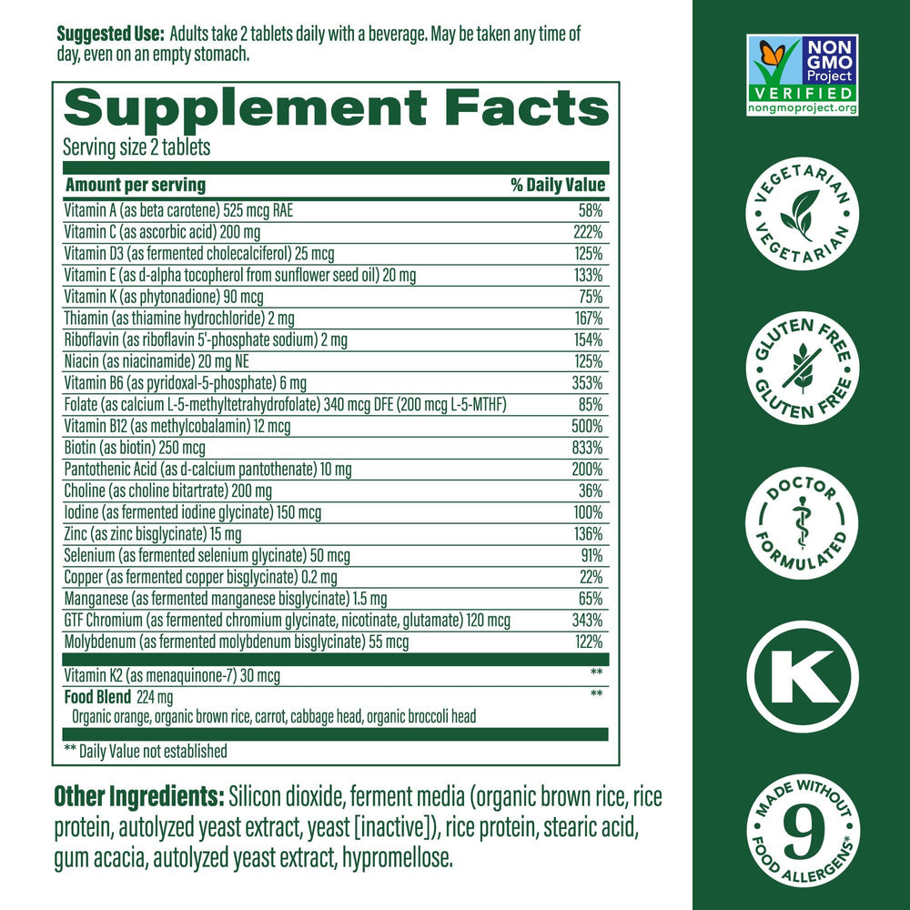 Close-up of MegaFood Men 40+ multivitamin bottle label