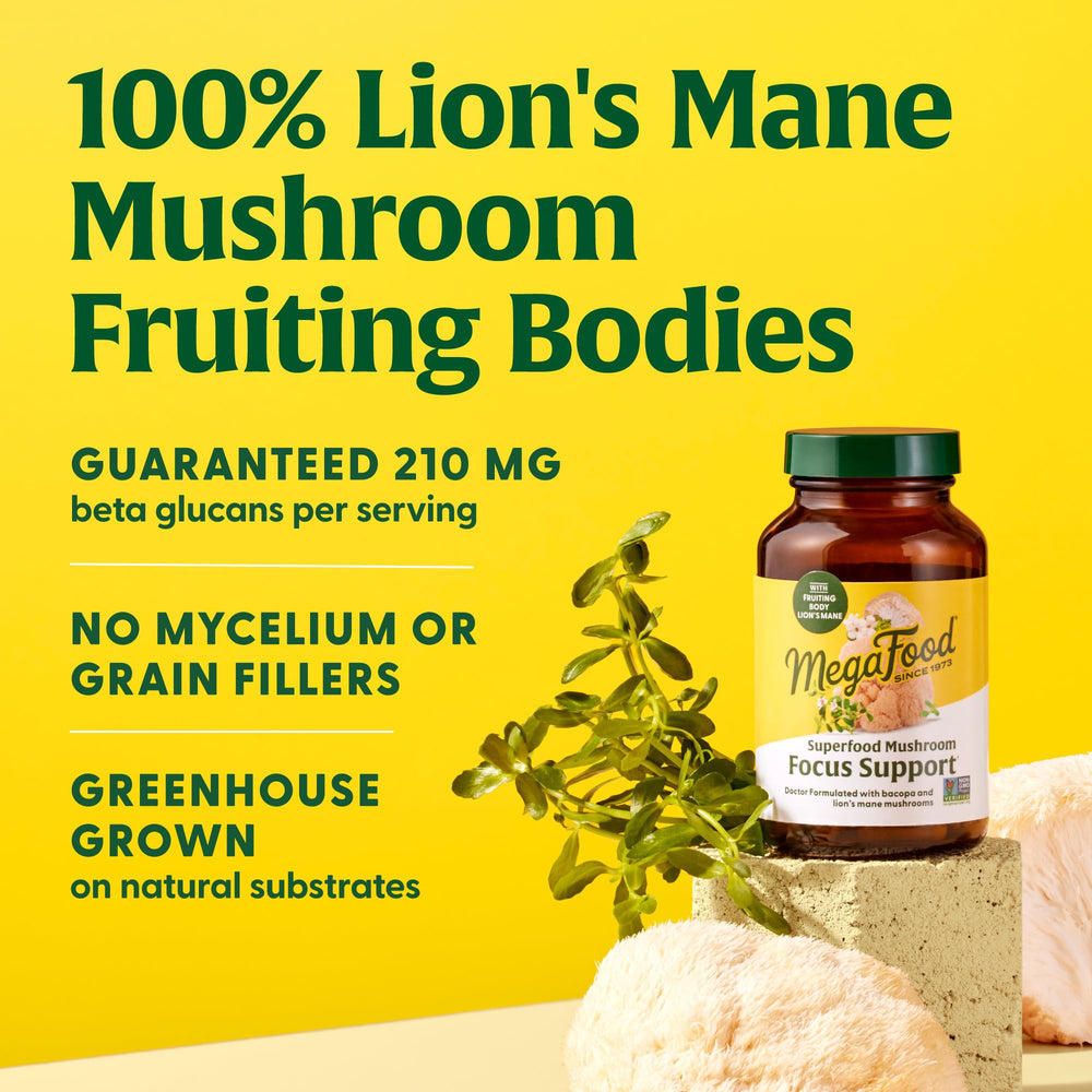 Nutrition label and ingredients for MegaFood Mushroom Focus