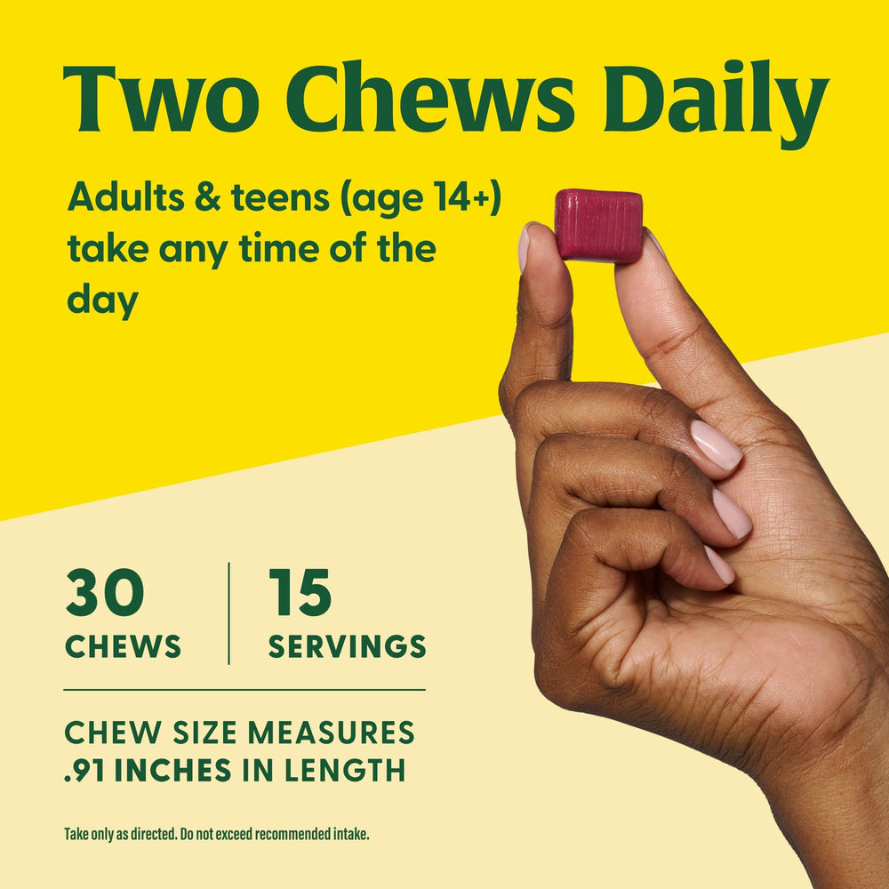 Two grape soft chews per serving on the packaging nutrition line