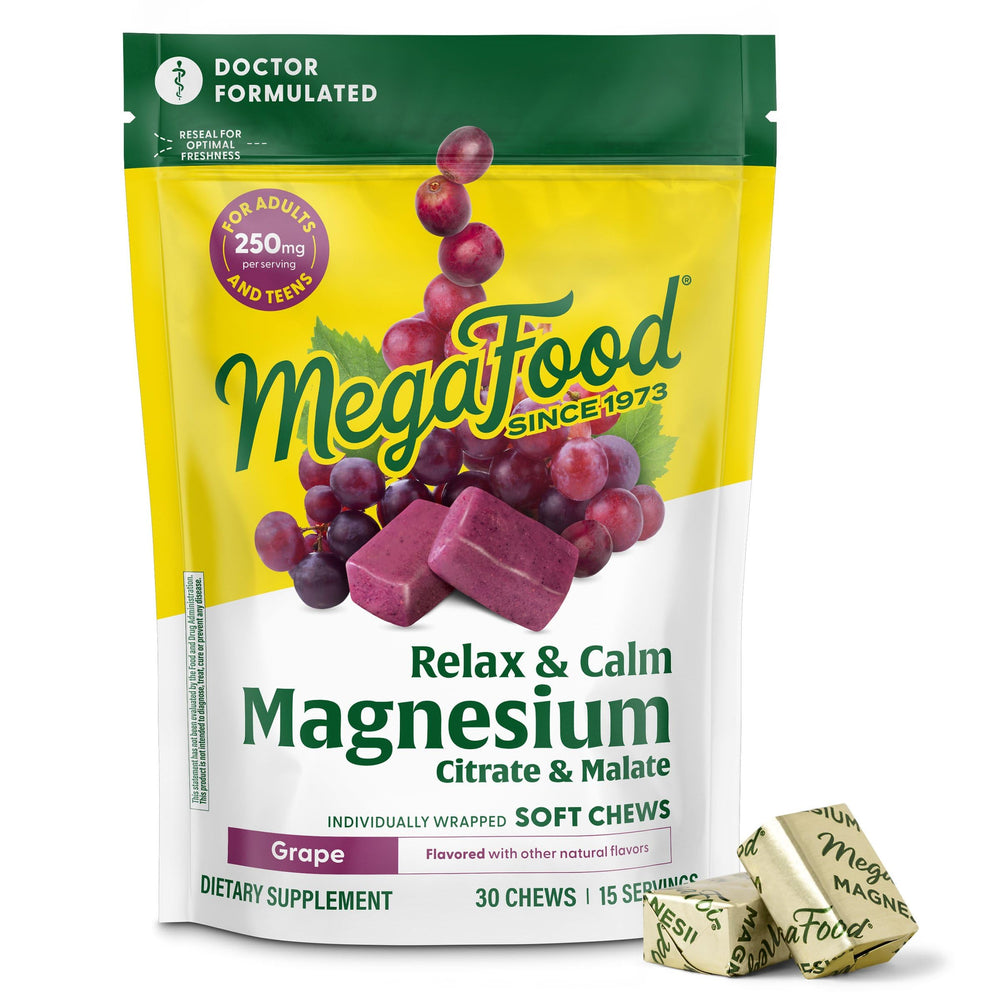 Front view of MegaFood Relax + Calm Magnesium Soft Chews in grape flavor