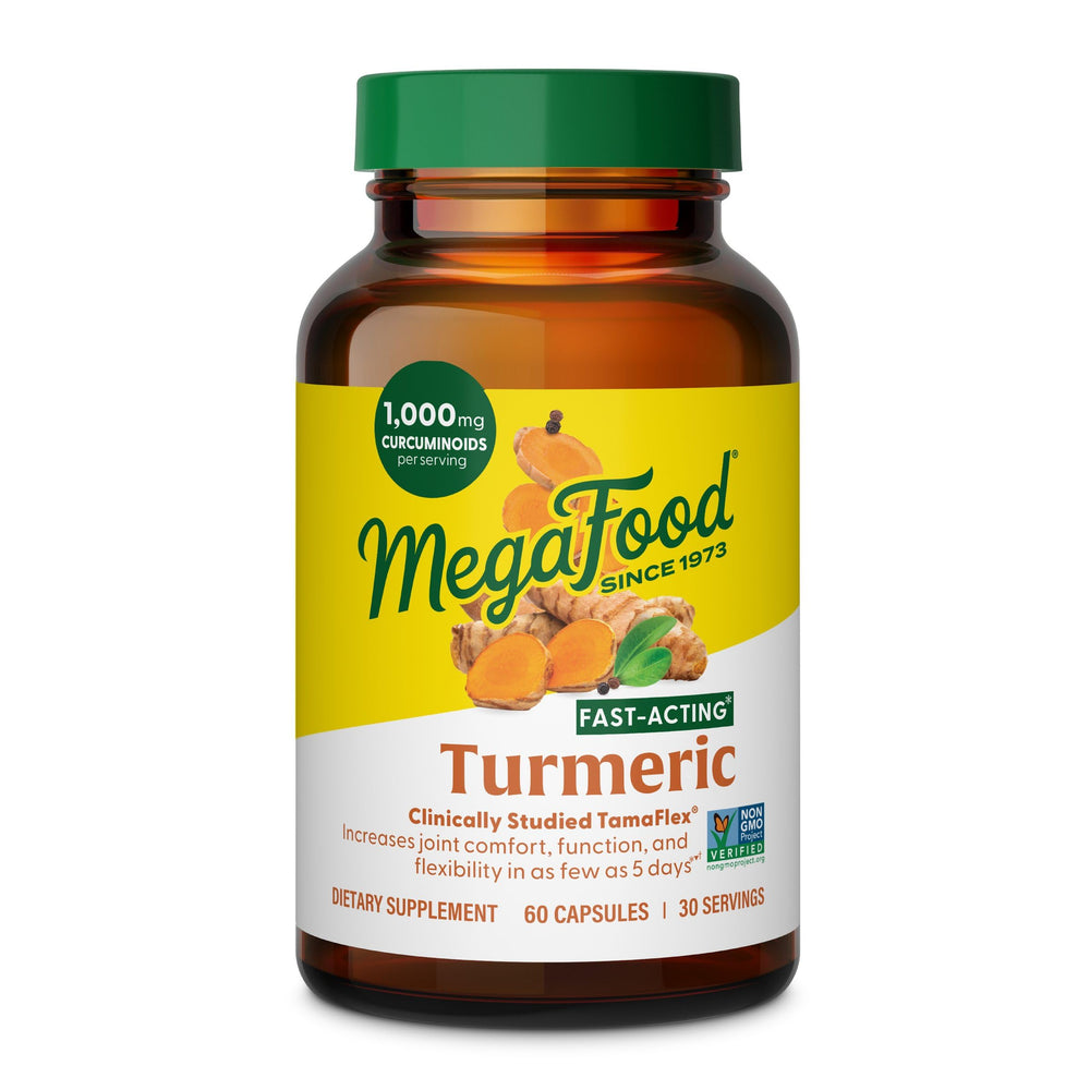 Front view of MegaFood Fast-Acting Turmeric Supplement bottle