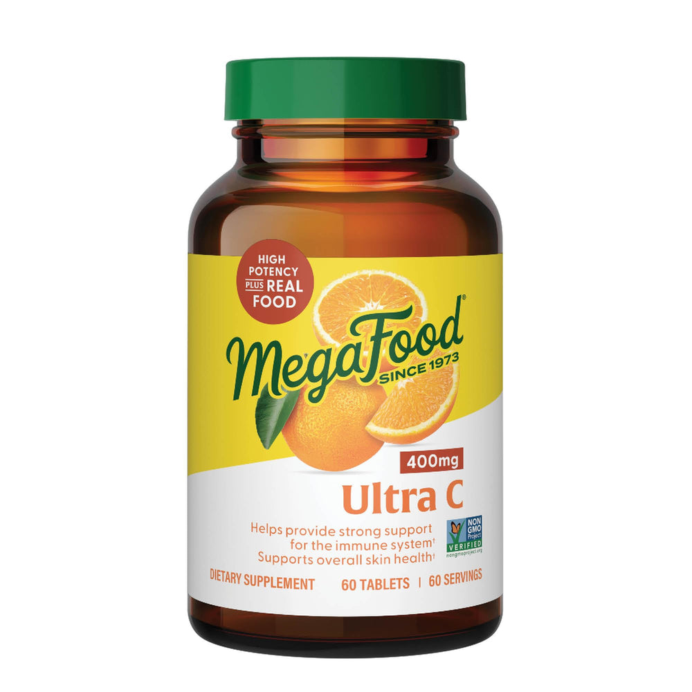 Front view of MegaFood Ultra C 400 mg bottle with 60 tablets