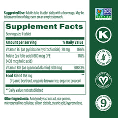 Bottle of MegaFood Vegan B12 with B6 and Folic Acid on a white background