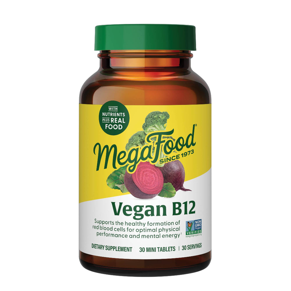 Front view of MegaFood Vegan B12 Vitamin with B6 and Folic Acid bottle