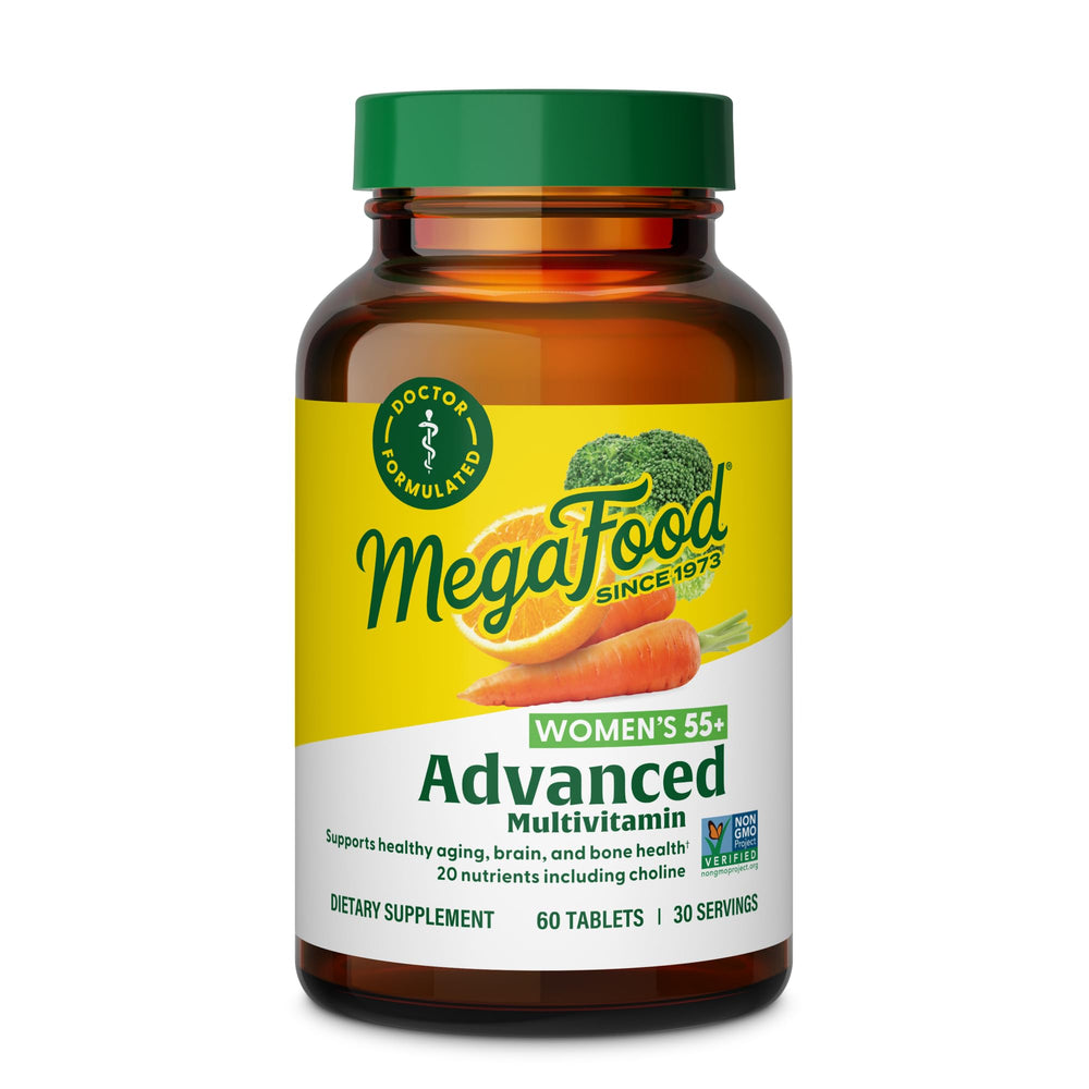 Front view of MegaFood Women's 55+ Advanced Multivitamin bottle