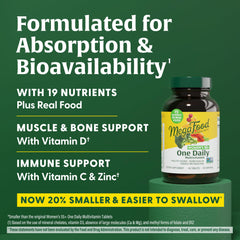 Real food ingredients for MegaFood Women's 55+ multivitamin (oranges, broccoli, blueberries, carrots)