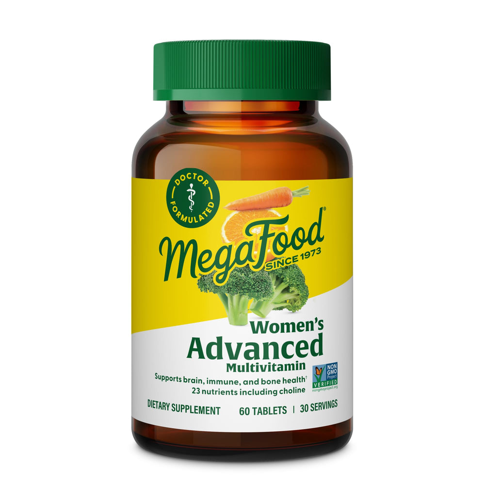 Front view of MegaFood Women's Advanced Multivitamin bottle
