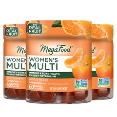 Front view of MegaFood Women's Multi Gummies Tangerine flavor bottle