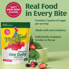 Nutrition facts label for MegaFood women's daily multivitamin soft chews