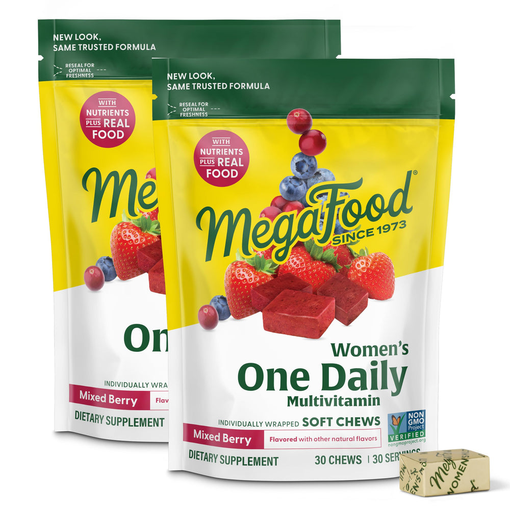 Packaging for MegaFood Women's One Daily Multivitamin Soft Chews in mixed berry flavor