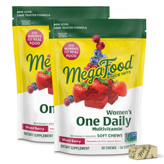 Packaging for MegaFood Women's One Daily Multivitamin Soft Chews in mixed berry flavor
