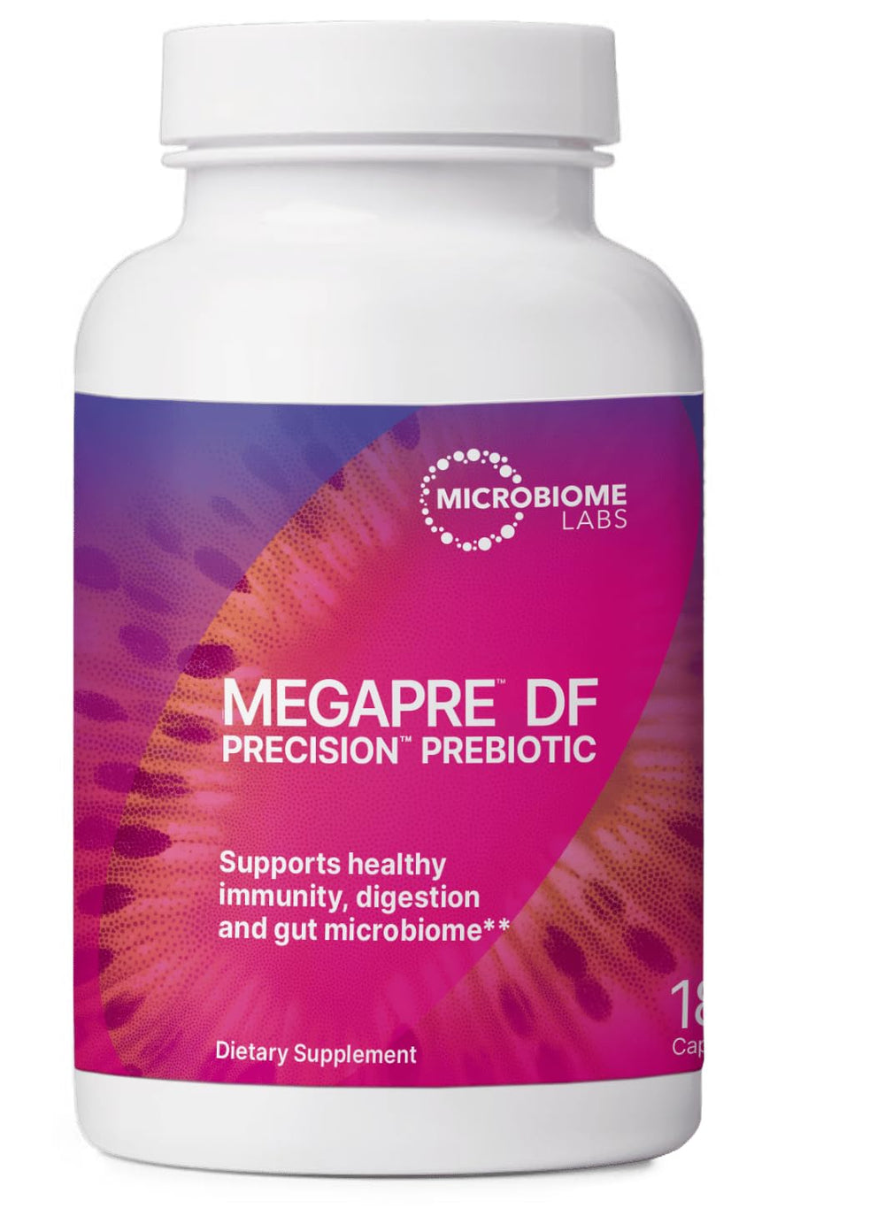 MegaPre DF dairy-free prebiotic fiber supplement bottle with 180 capsules