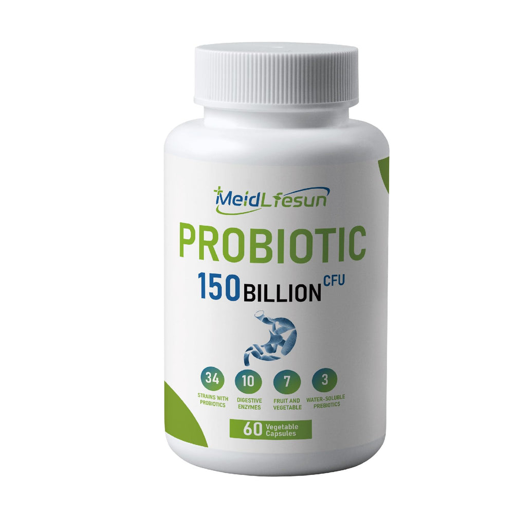 Meidlfesun probiotic-prebiotic bottle showing 150B CFU and 34 strains