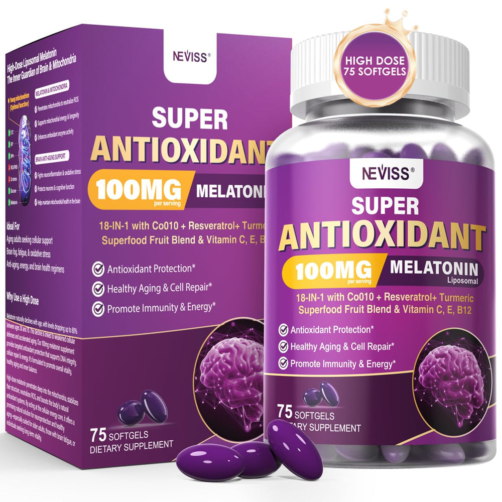 Bottle of Melatonin 100mg liposomal supplement with CoQ10, turmeric, resveratrol and B vitamins