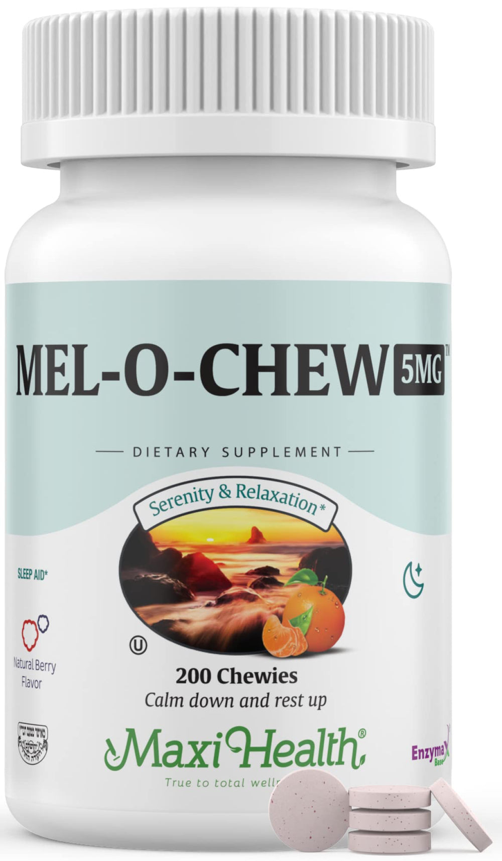 Maxi Health Mel-O-Chew bottle showing 5 mg melatonin chewables