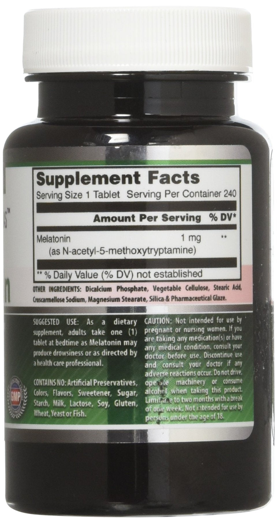 Back view showing supplement facts on Amazing Formulas Melatonin 1 mg Tablets label