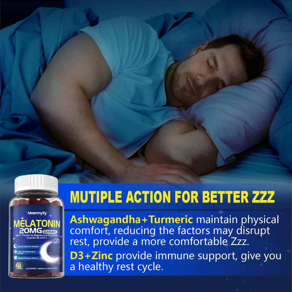 Graphic showing key ingredients: L-Theanine, Magnesium, Vitamin D3, Zinc, Ashwagandha, Turmeric