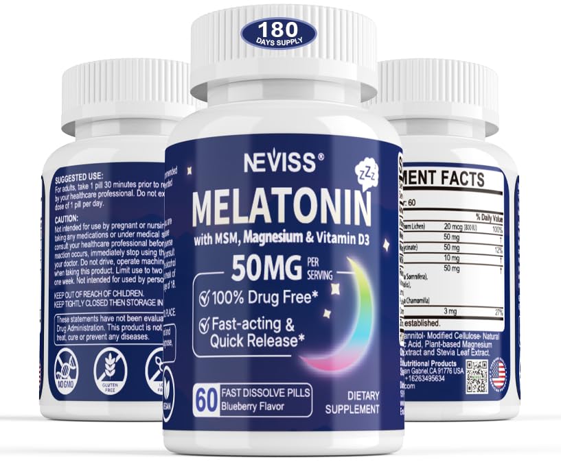 Bottle and label of Melatonin 50 mg 9-in-1 sublingual supplement