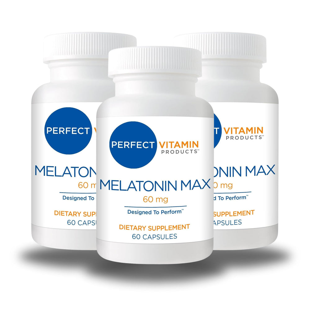 Melatonin MAX 60mg bottle with 3-pack display, vegan and gluten-free