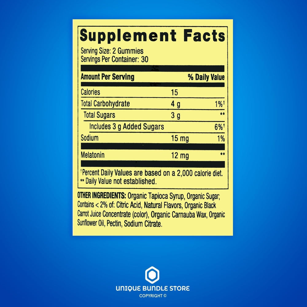 Ingredients panel for melatonin gummies 12mg strawberry