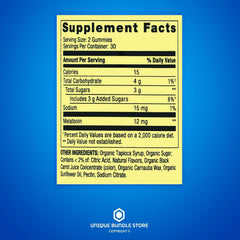Ingredients panel for melatonin gummies 12mg strawberry