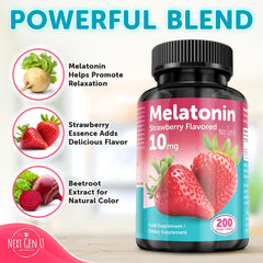 Close-up of strawberry-flavored melatonin tablets near the bottle
