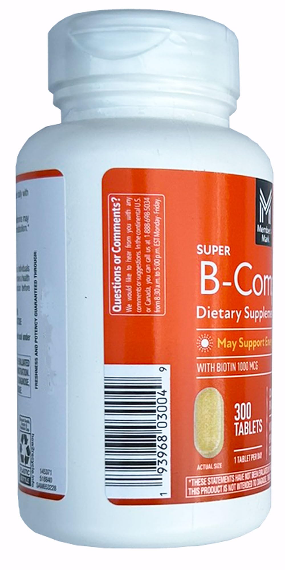 Dietary supplement bottle with 300 count and Biotin 1000 mcg text