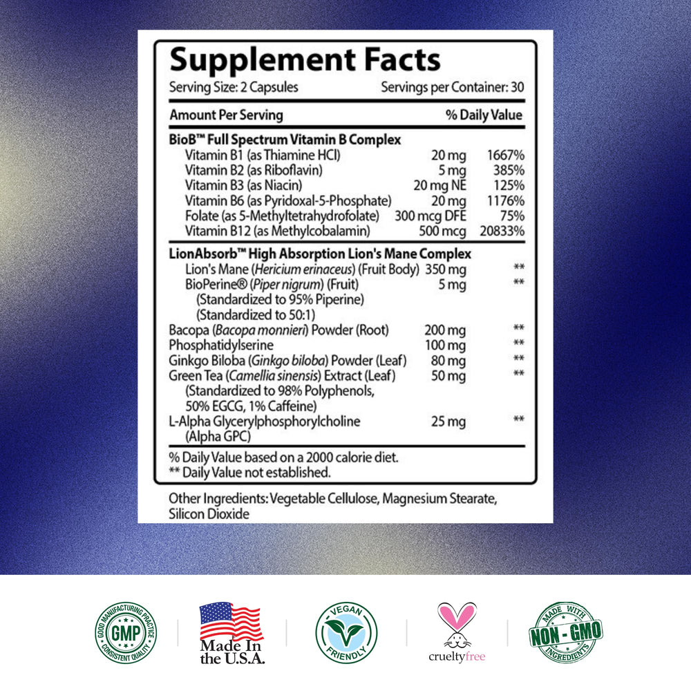 Non-GMO vegan memory booster made in the USA packaging