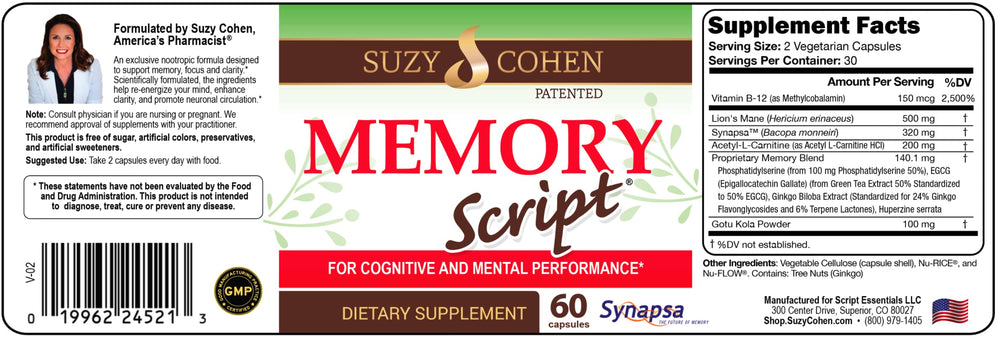 Side view of Memory Script bottle displaying packaging